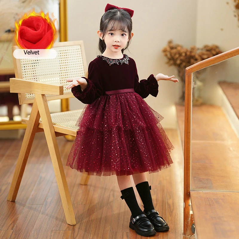 Girls' Velvet Dress A-line Mid-length Autumn Winter 2025 New Sequin Mesh Birthday Princess Dress Christmas Performance Dresses