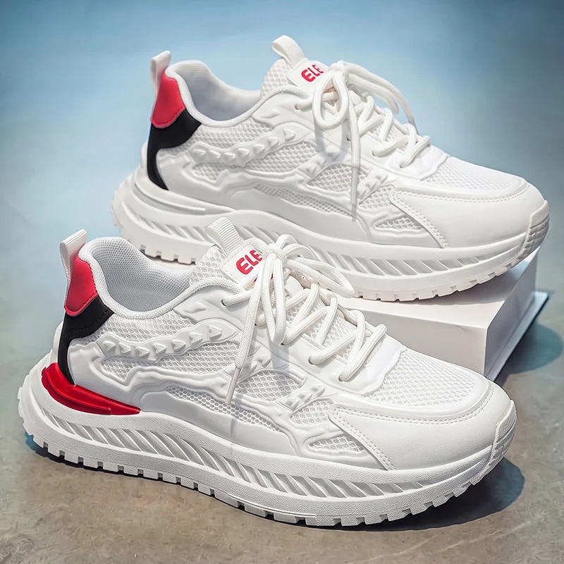 Simple solid color men's lace-up casual shoes, mesh breathable soft shoes, lightweight trendy sports footwear for daily travel