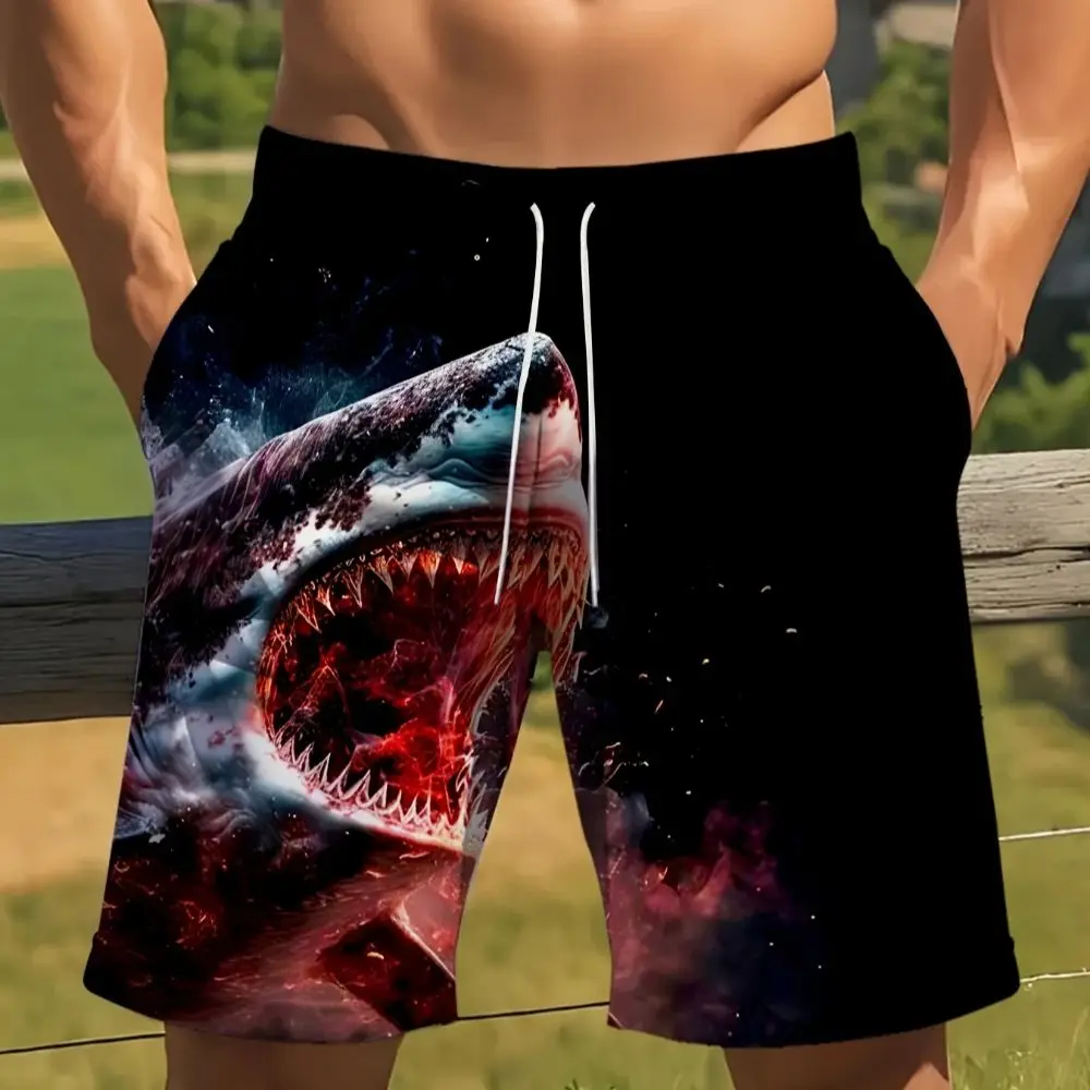 Męskie szorty plażowe z nadrukiem rekina 3D i regulowanym sznurkiem, odpowiednie na letnie wycieczki i na plażę Dynamic Summer Shorts