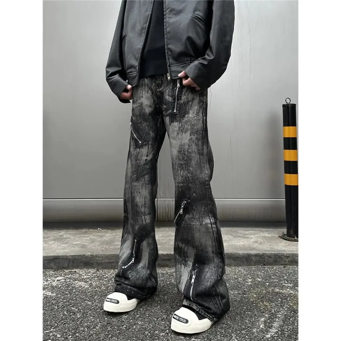 

Juspinice весенние американские ретро потертые вощеные прямые джинсы с принтом тай-дай для мужчин, свободные повседневные расклешенные брюки для мужчин