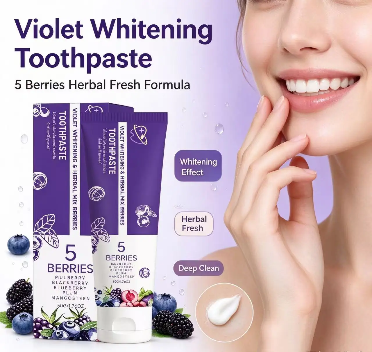 Violet Whitening Toothpaste 5 Berries Herbal Mix Fresh Breath Teeth Cleaning Oral Care 50G Daily Use