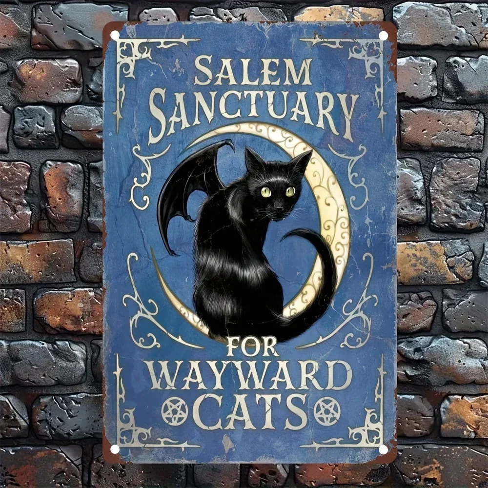 （2D Tin painting）Vintage Salem Sanctuary Metal Sign - Bat Cat & Moon Gothic Wall Decor for Home