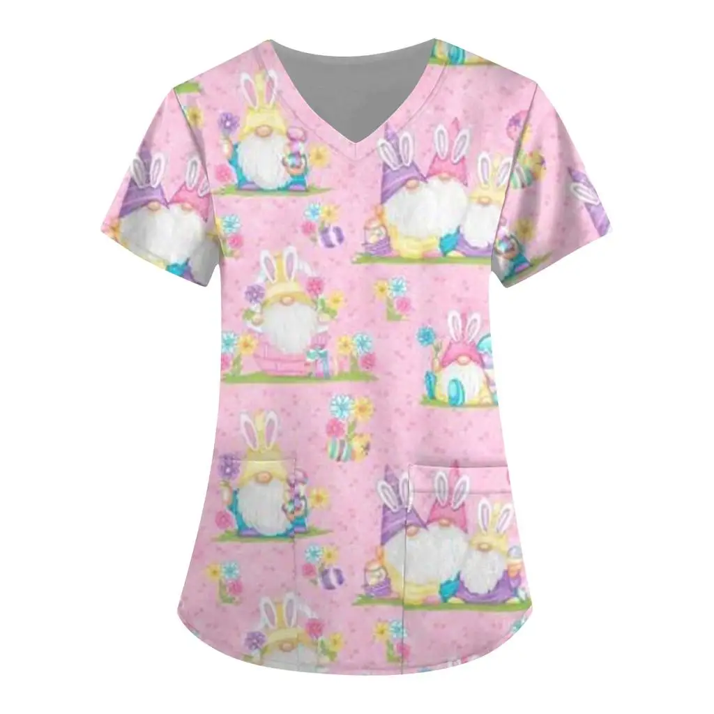 Uniformes médicos para mujer, uniforme clínico de manga corta con cuello en V microelástico con estampado de conejito de Pascua, moda para enfermera Dental