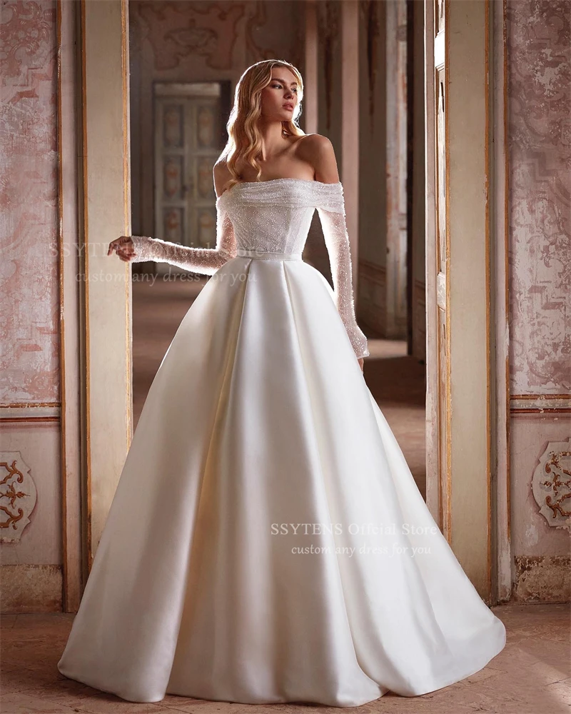 فساتين زفاف SSYTENS الأميرة الساتان للمرأة بأكمام طويلة 2025 فساتين العروس الخرز قبالة الكتف Vestidos De Novia مخصصة