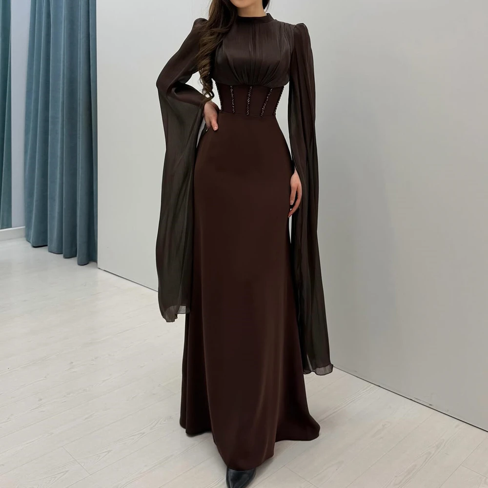 

A-line Women's Evening Dresses Floor-length High-neck Full Sleeve Prom Gown Fashion Sequined Lace-up Draped Customized Gowns