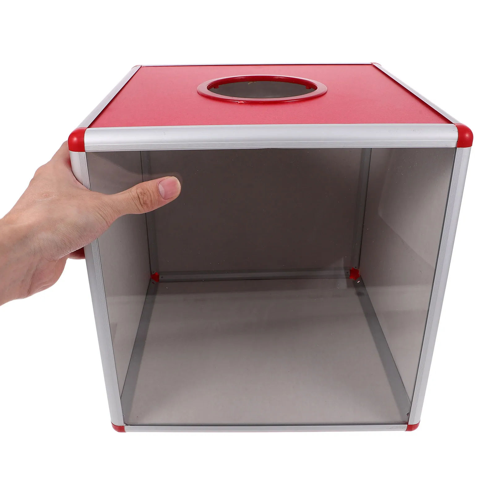 فتحة تخزين تذكرة شفافة لصندوق السحب الأحمر الشفاف لألعاب حفلات التبرع بالتصويت وأحرف الصمامات وأحداث الرسم