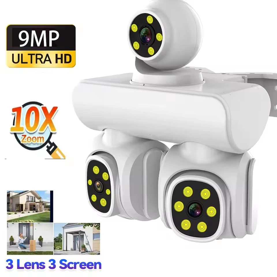 

HD 9MP Three Lens Three Screens Camera 10X Zoom IP CCTV PTZ Outdoor Waterproof Two Way Intercom Motion Track Smart Home Camera