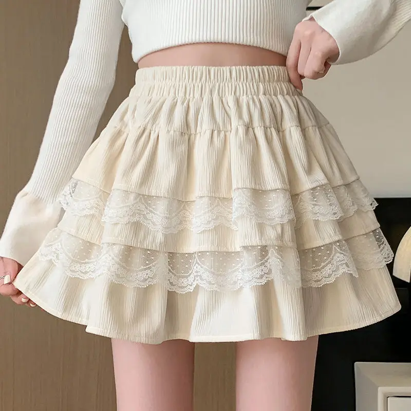 2025 New Japanese Korean Lolita Summer Balloon Slim Skirts Fashion High-Waist A-Line Lace Skirt Casual Temperament Elegant Skirt