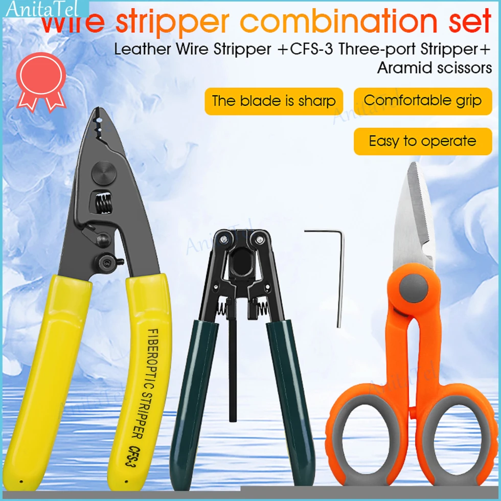 

COMPTYCO 3 packs Fiber Optic Tool Kit Kevlar Scissors Double Hole Pliers Wire Stripper & CFS-3 Three-port Fiber Optic Stripper