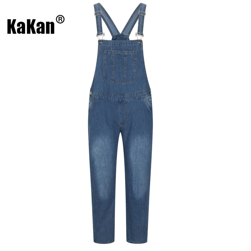 Kakan - Men's Retro Small Foot One Piece Long Jeans, Solid Color Large Size Personalized Strap Jeans