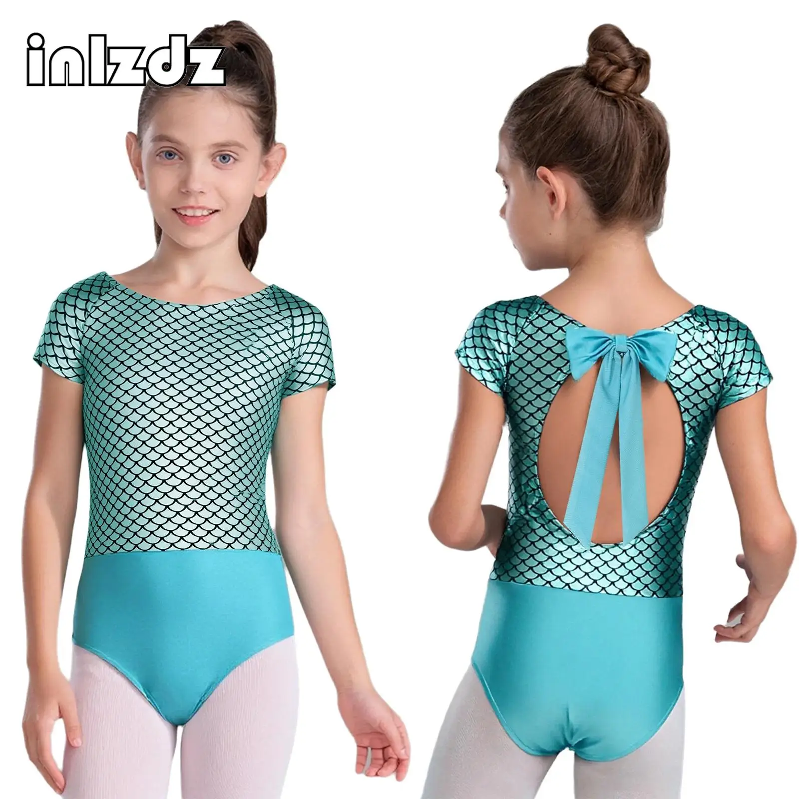 

Girls Fish Scale Print Ballet Unitard Leotard Teen Short Sleeve Bowknot Cutout Back Bodysuit for Gymnastics Dance Performance