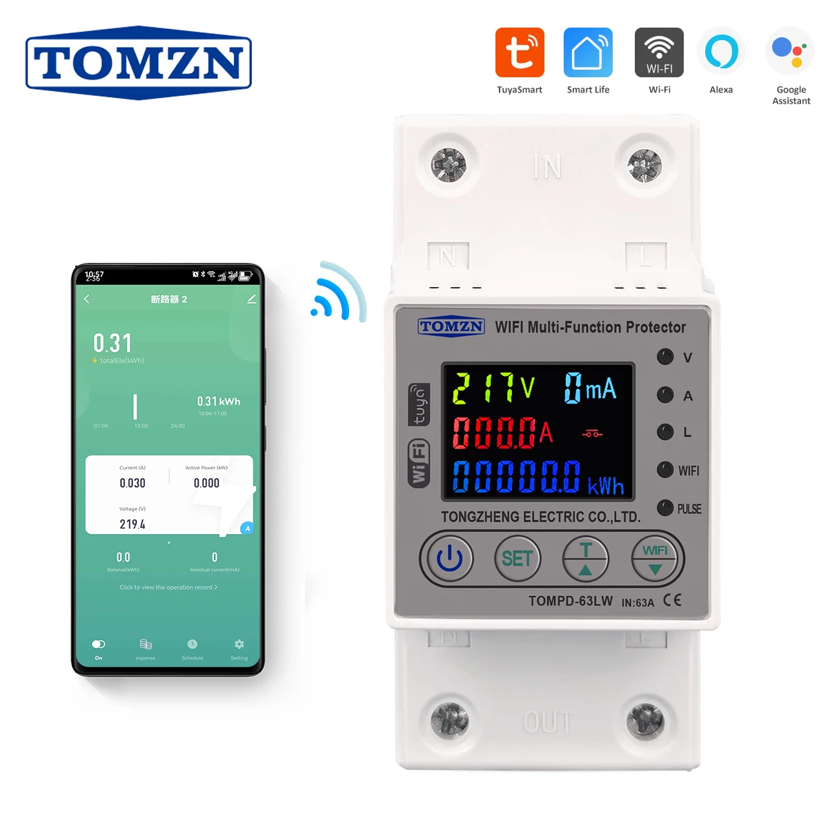 2P 63A WIFI Smart Switch Smartlife Energy Meter Kwh Metering Circuit Breaker Timer with Voltage Current and Leakage Protection