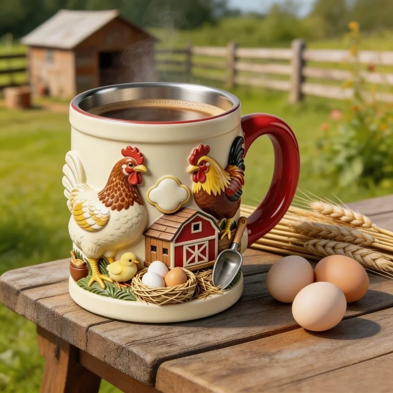 D Resin Coffee Mug with Lid - Cute Farm Animal Rooster & Hen Design - Unique Relief Sculpted Tea Cup for Home Kitchen Office Decor - Novelty Gift for Chicken Lovers
