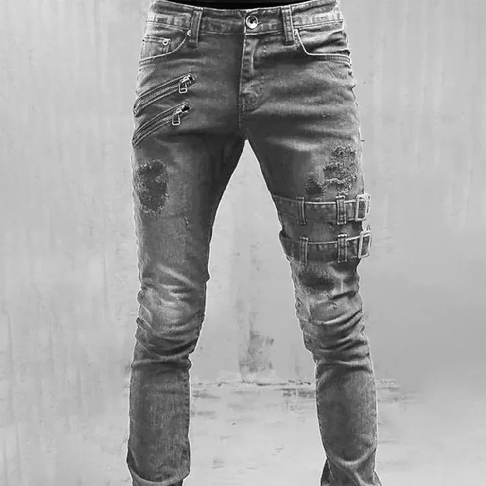 Retro Moto Biker Straight Elastic Jeans Men Zipper Hole Streetwear Punk Skinny Denim Cargo Pants Pantalones Hombre Y2K Clothing