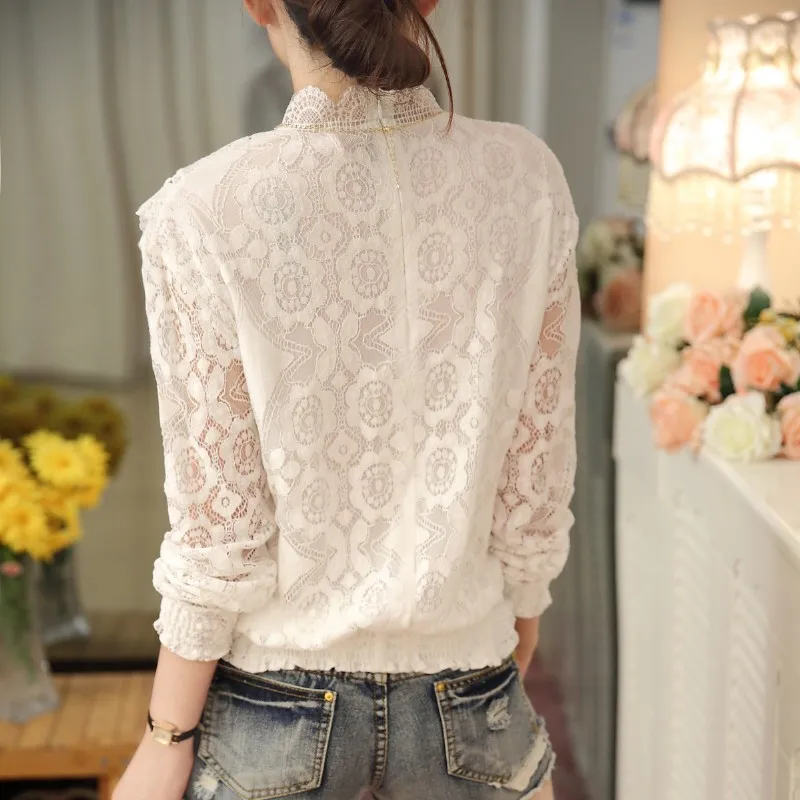 2023 Fashion Autumn Women Blouses Long Sleeve Casual Chiffon Shirts Stand Floral Lace Blouses Casaul Tops 07F