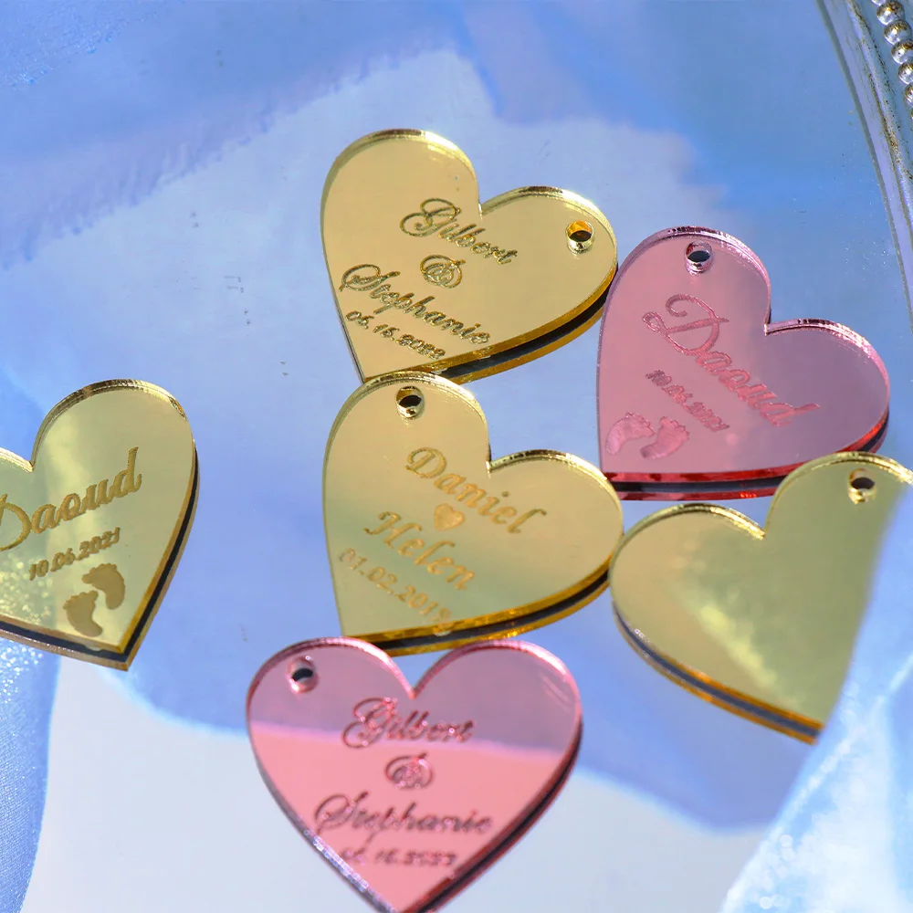 20/50/100Pcs Personalized Acrylic Love Heart Tag Engraved Custom Wedding Name Baby Baptism Mirror Gold Tag Decoration Gift