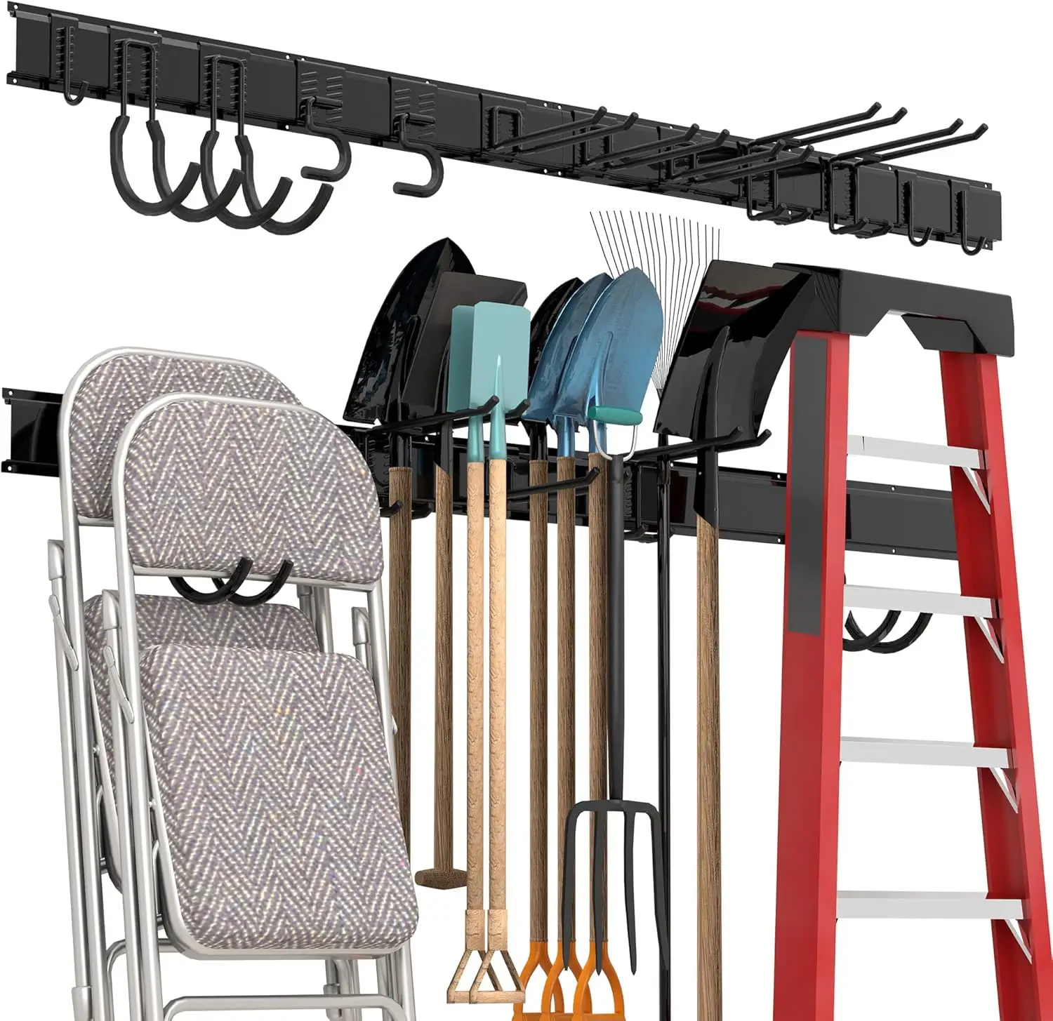 Garage Tool Storage Rack, Heavy Duty Garage Storage Organizer Rack System Wall Mounted Tool with 12 double hooks, 4 rails