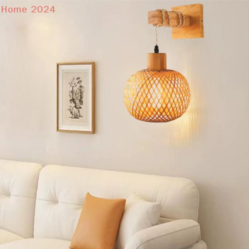 

Bamboo Lantern Wall Lamp Natural Rattan Wicker E27 Retro Hemp Rope Chandeliers Hand-Woven Bamboo Room Wall Light Decor Fixtures