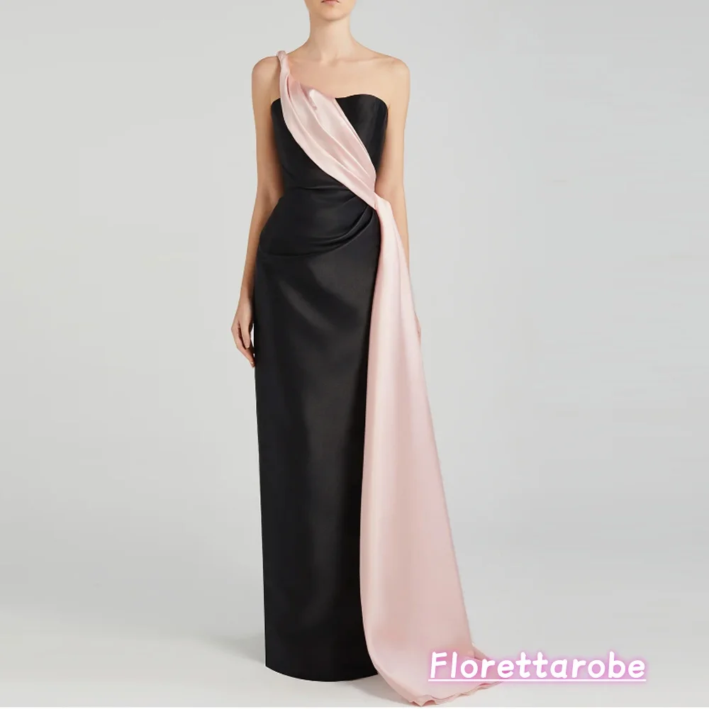 

Florettarobe Classic One-Shoulder Elegant Pink And Black Evening Dress Pleat Party Gown High Quality Prom Dress Customized