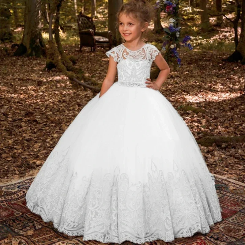 

Elegant Flower Girl Dresses Lace Applique Half Sleeve Tulle O-neck Girls For Ceremony Birthday Party First Communion Dress