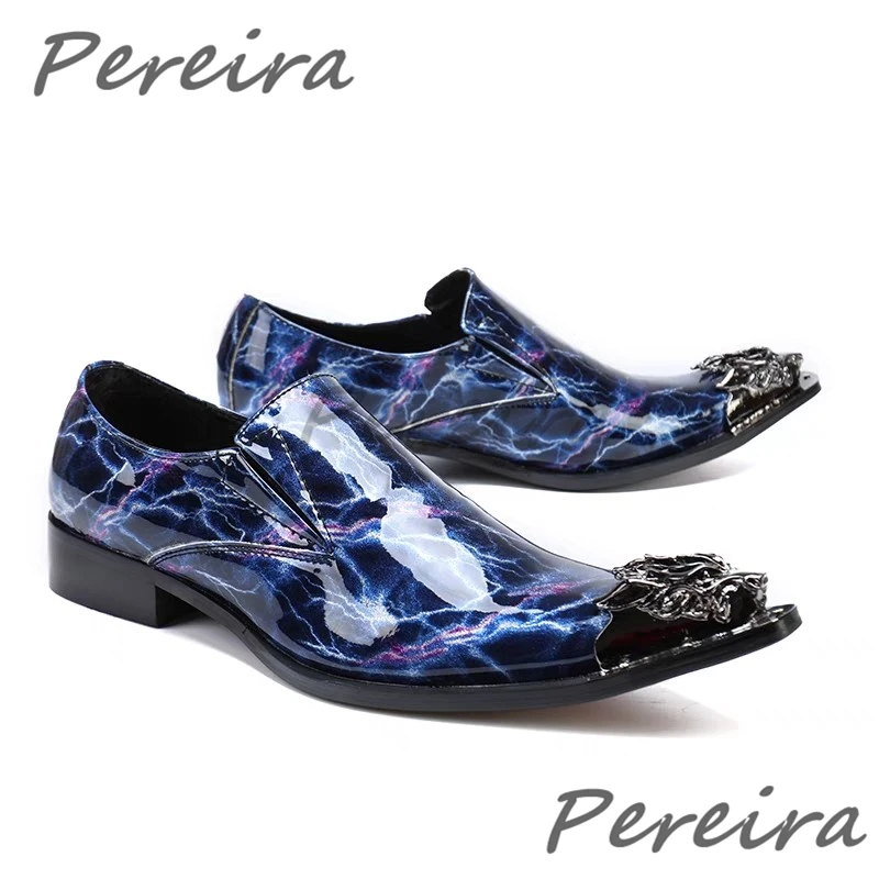 Blue Glossy Leather Men's Formal Shoes Trend Iron Pointed Toe Thick Heel Loafers Performance Banquet Party Dress Shoes Plus Size