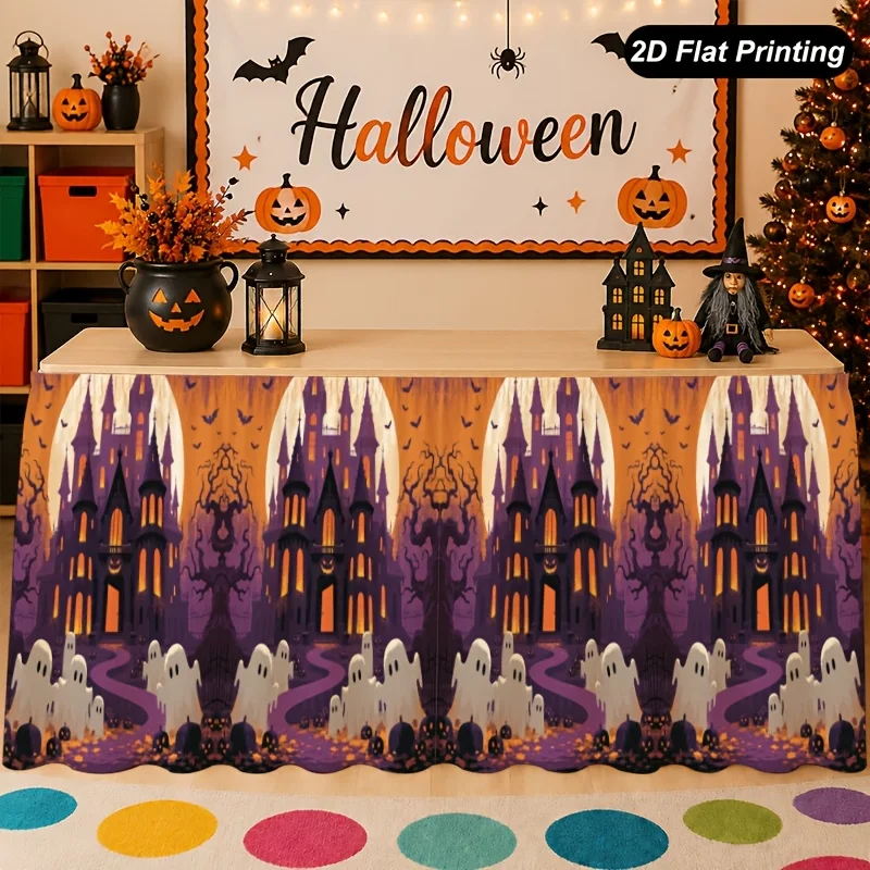 One Halloween tablecloth. Halloween purple castle night light table skirt. Perfect for decorating the family kitchen.zyc