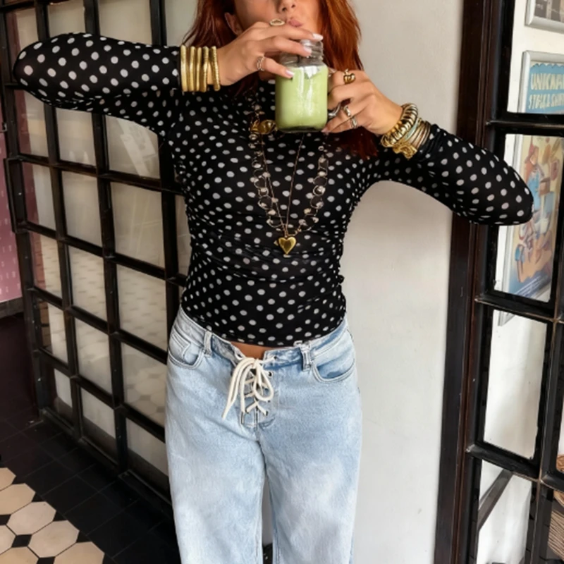 Polka Dot Print Mesh Sheer T-shirt Cover-ups See Through Long Sleeve Crop Tops Sexy Club Party Smocked Tees Shirt Streetwear