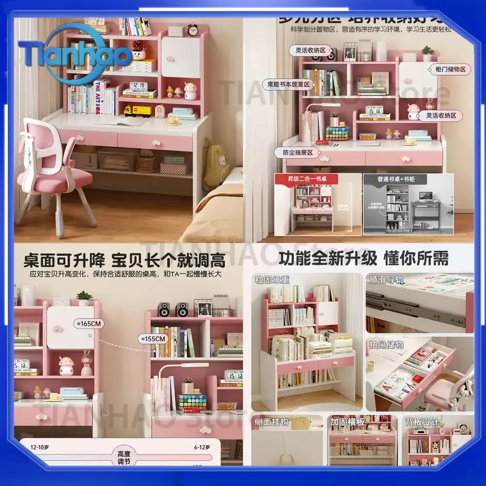 Solid Wood Children's Desk and Bookshelf Combo Table for Elementary Students Study Desk Writing Desk with Chair Set for Home