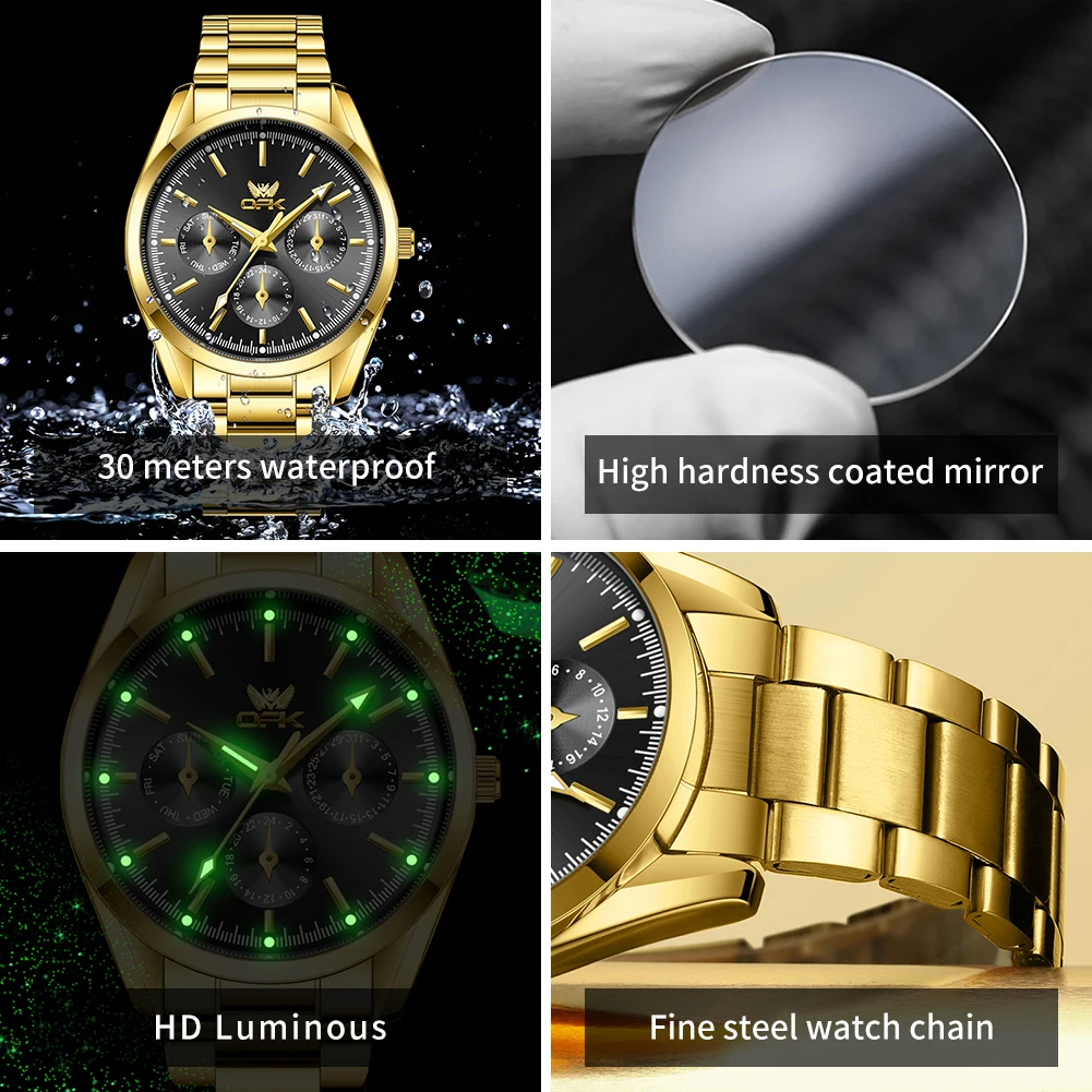 OPK 6024 Mens Watch Original New Fashion Brand Quartz Watch Stainless steel Waterproof Luminous Three Small Dial Watches For Men