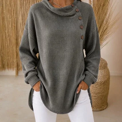 Women's Long Sleeve Top Crew Neck Side Button Decor Loose Fit Irregular Hem Versatile Commute Casual Daily Wear Pullover Blouse