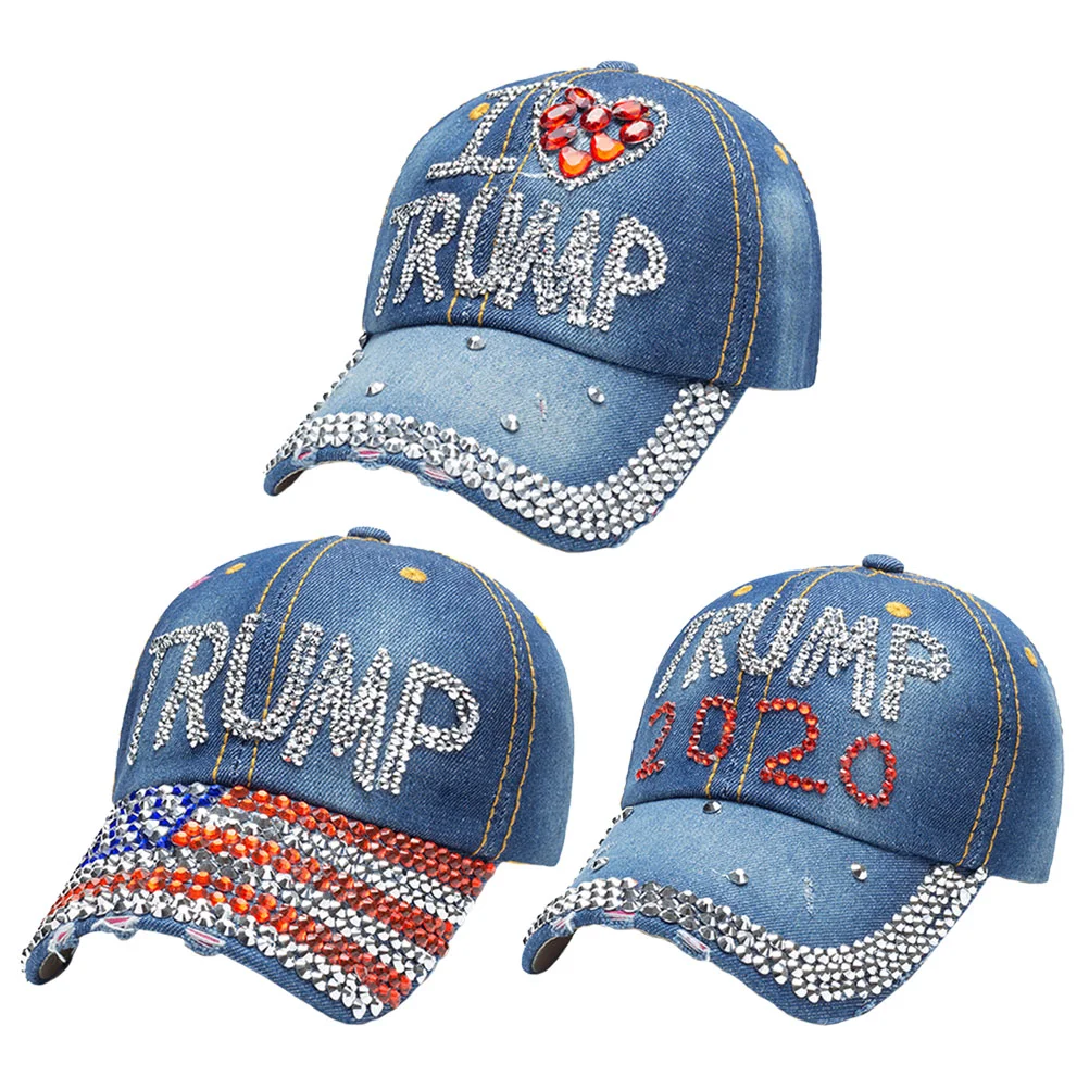 Trump 2020 Baseball Denim Sun Hat Rhinestone Presidential Election Headdress Peaked (Blue I Love Trump)