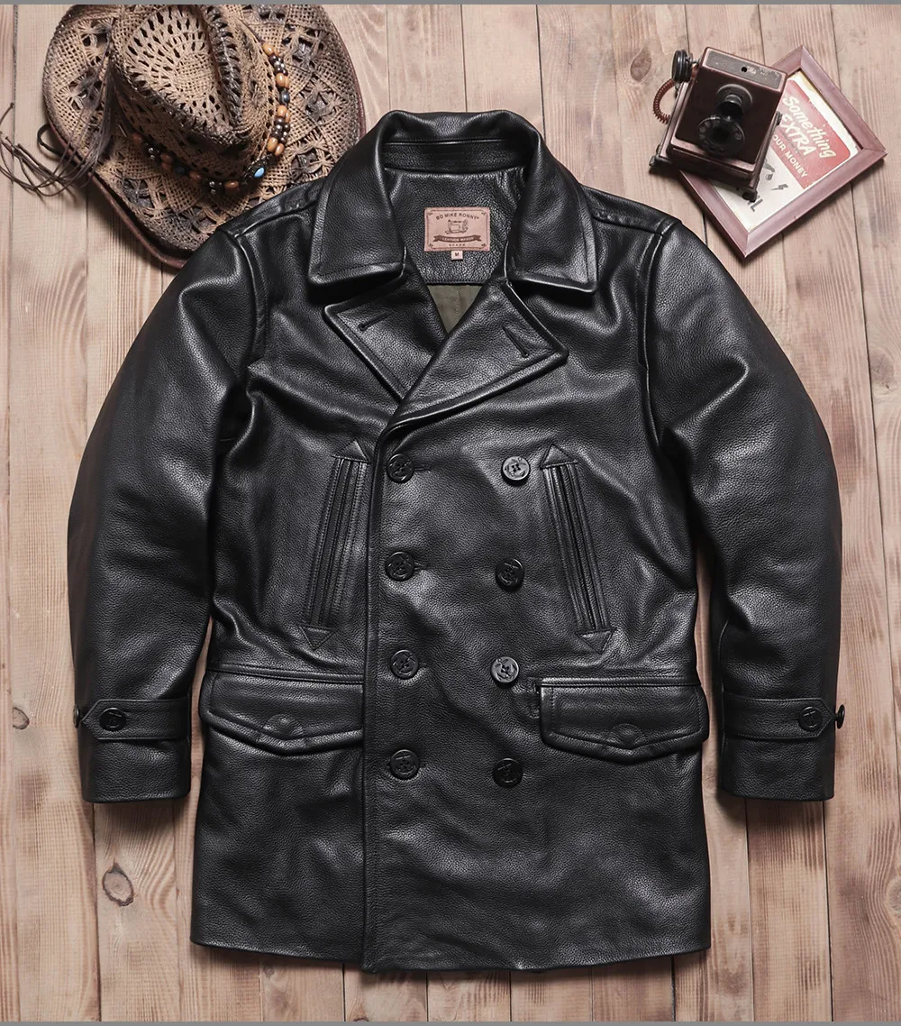 Black Winter Leather Jacket Men Retro Casual Style Plus Size 4XL Genuine Natural Thick Cowhide Double Breasted 740 Pea Coat