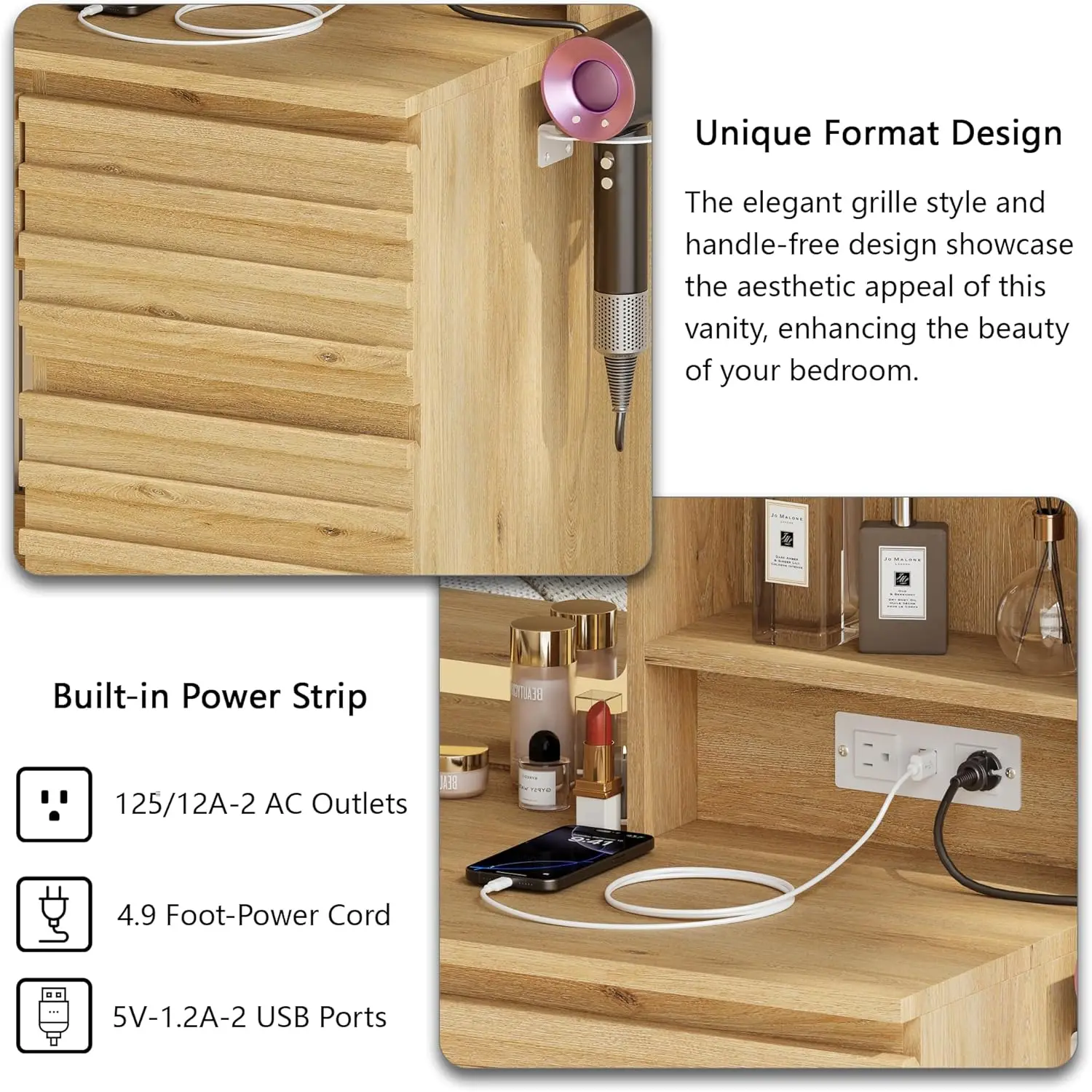 Bedroom Vanity Desk Set in Oak, Wood Material, 4 Drawers, Open Shelves, Charging Station and 3 Color Lighting Modes view 4
