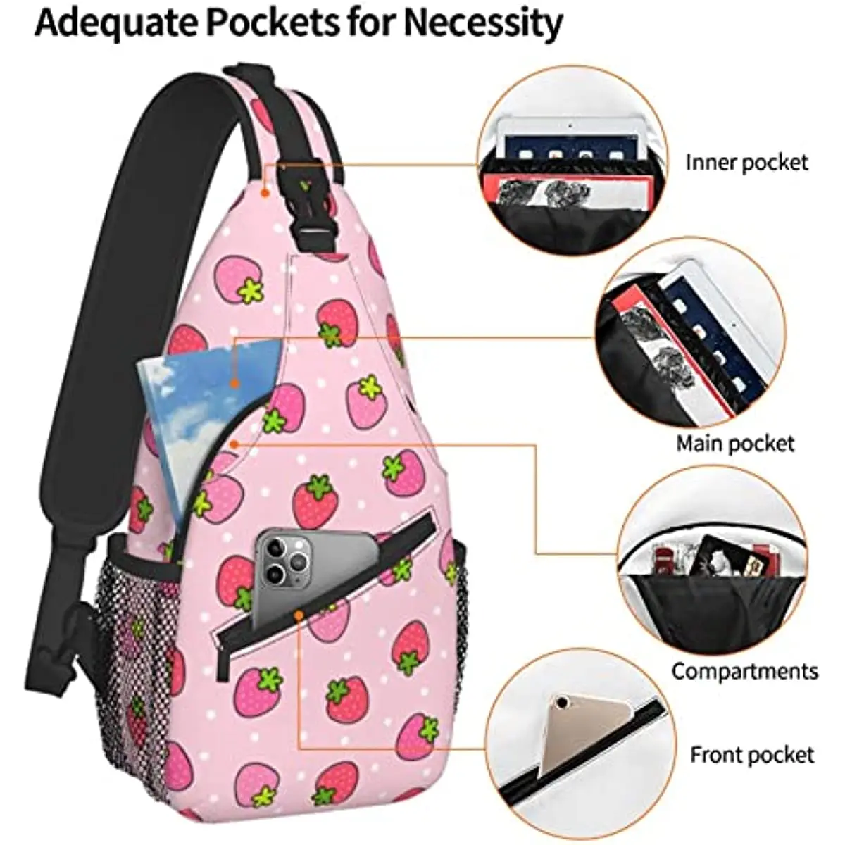 Strawberry Sling Bag Women Crossbody Chest Backpack Hiking Daypack Men Travel Casual Rideing Outdoor Beach One Size