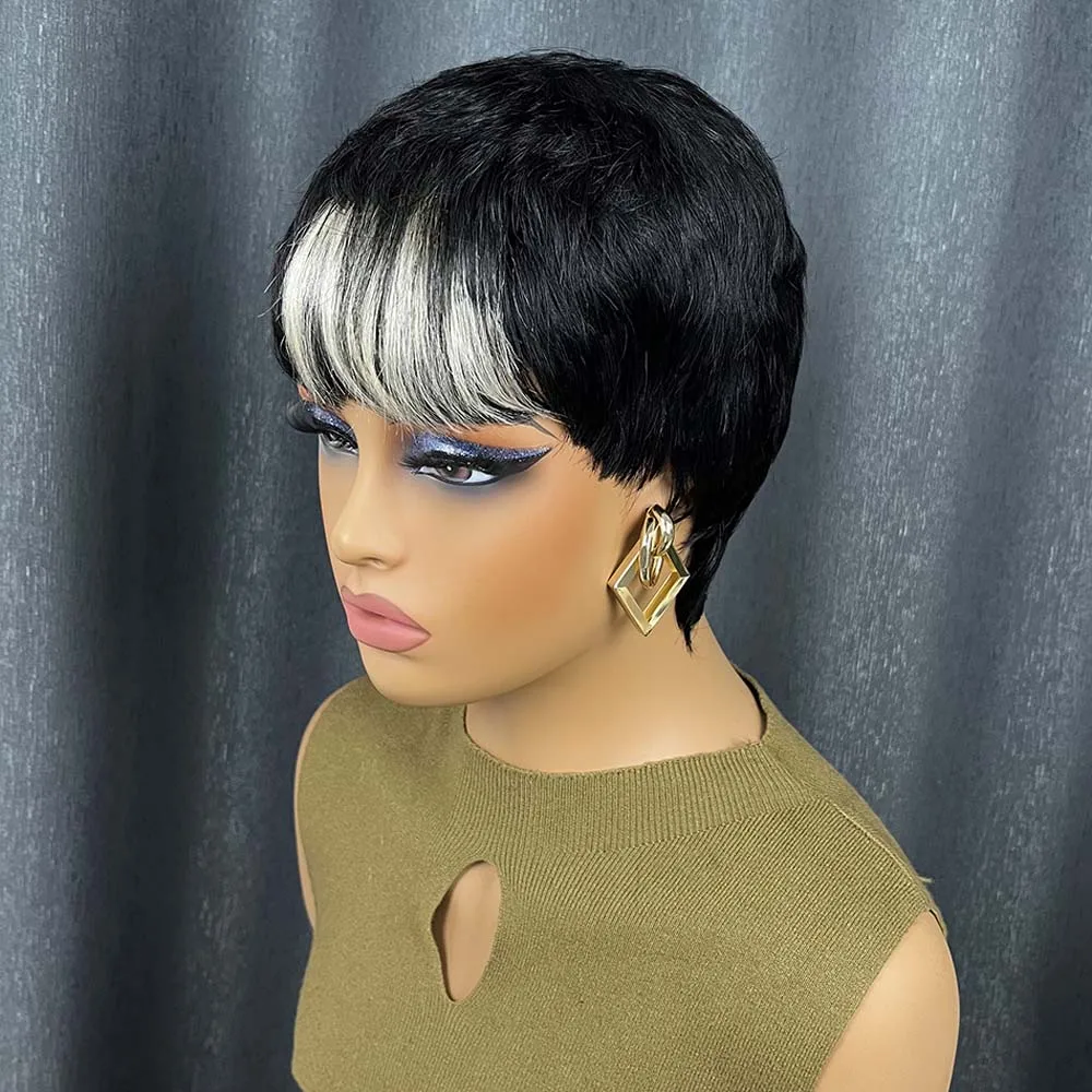 Perucas curtas de corte pixie para mulheres negras, peruca de cabelo humano remy com franja, cor preta, feita à máquina, com franja colorida