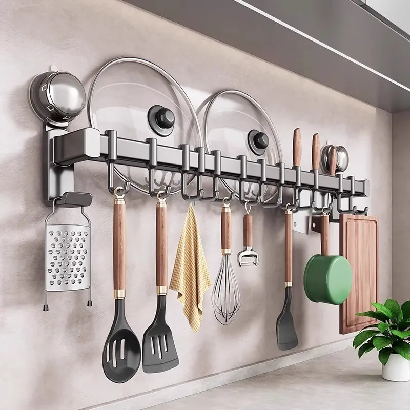 

Kitchen storage hook No punching suction cup hanging rod Wall hanging row hook Shelf spatula spoon knife holder Pot lid shelf