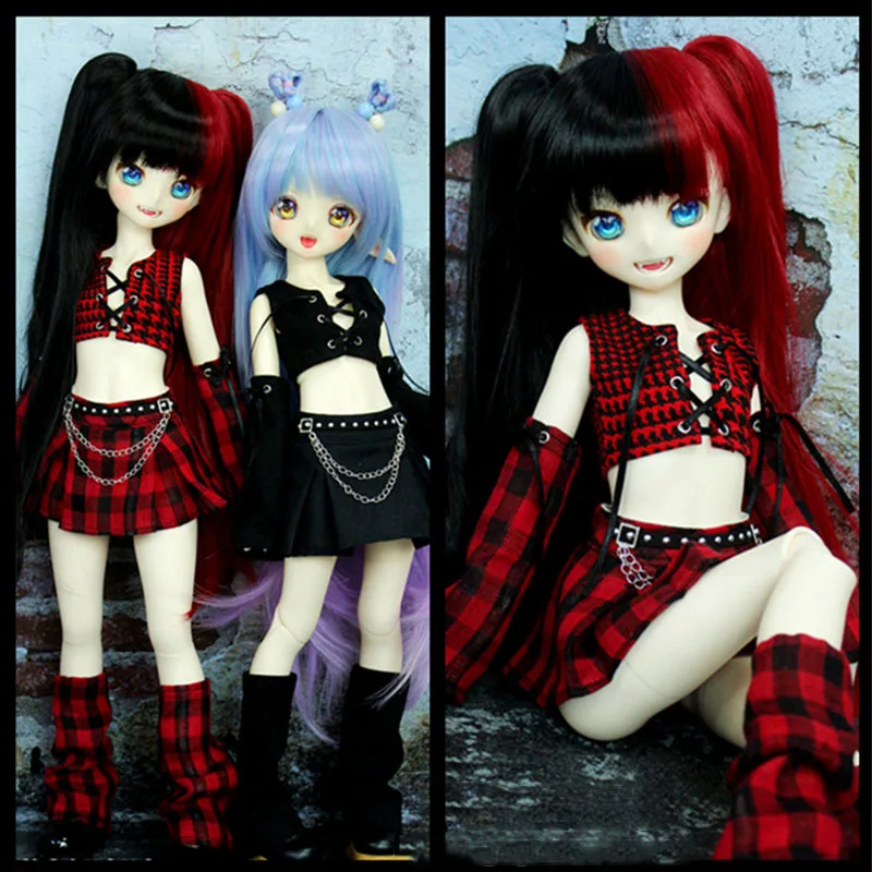 [High Quality]1/4 1/6 Subcultural Punk Red and Black Clothes Set Lacing Vest Pleated Mini Skirt for bjd mdd msd yosd imda 3.0