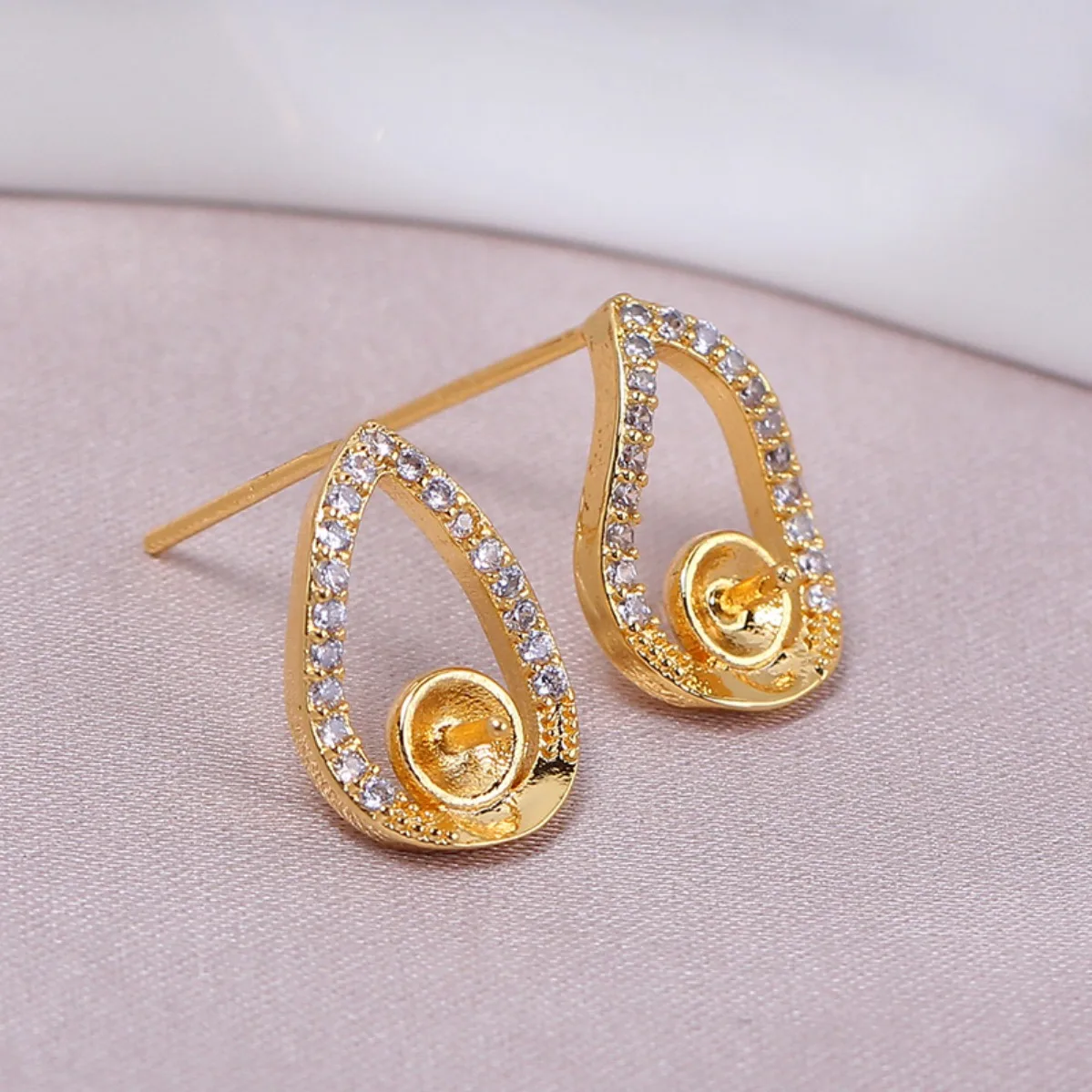 Minimalist Elegant Women Brass 14K Gold Filled Teardrop CZ Blank Setting Handmade Findings For DIY Pearl Stud Earring