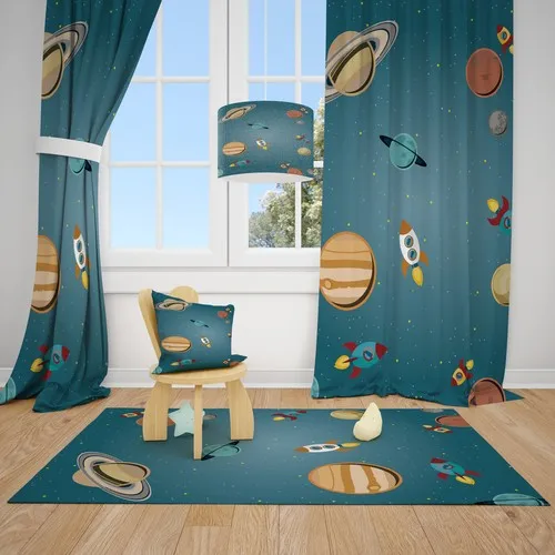 Cici Design Planets and Space Rockets Child Baby Room Backdrop Curtain 1 Wing 140x200 cm