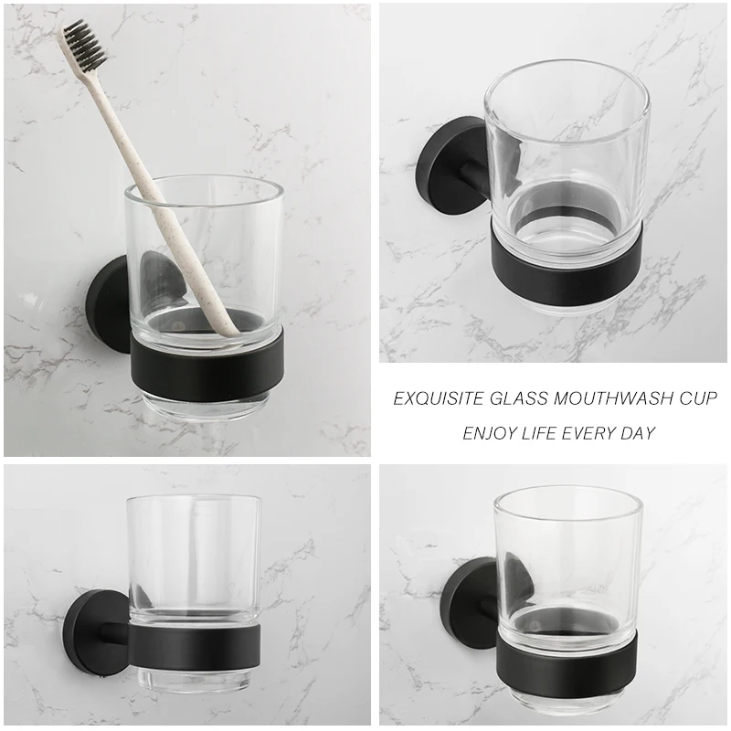 Rose Gold Wall-Mounted Toothbrush Holder with Glass Cup Stainless Steel Bathroom Organizer Brushed Gold Chrome Polished Black