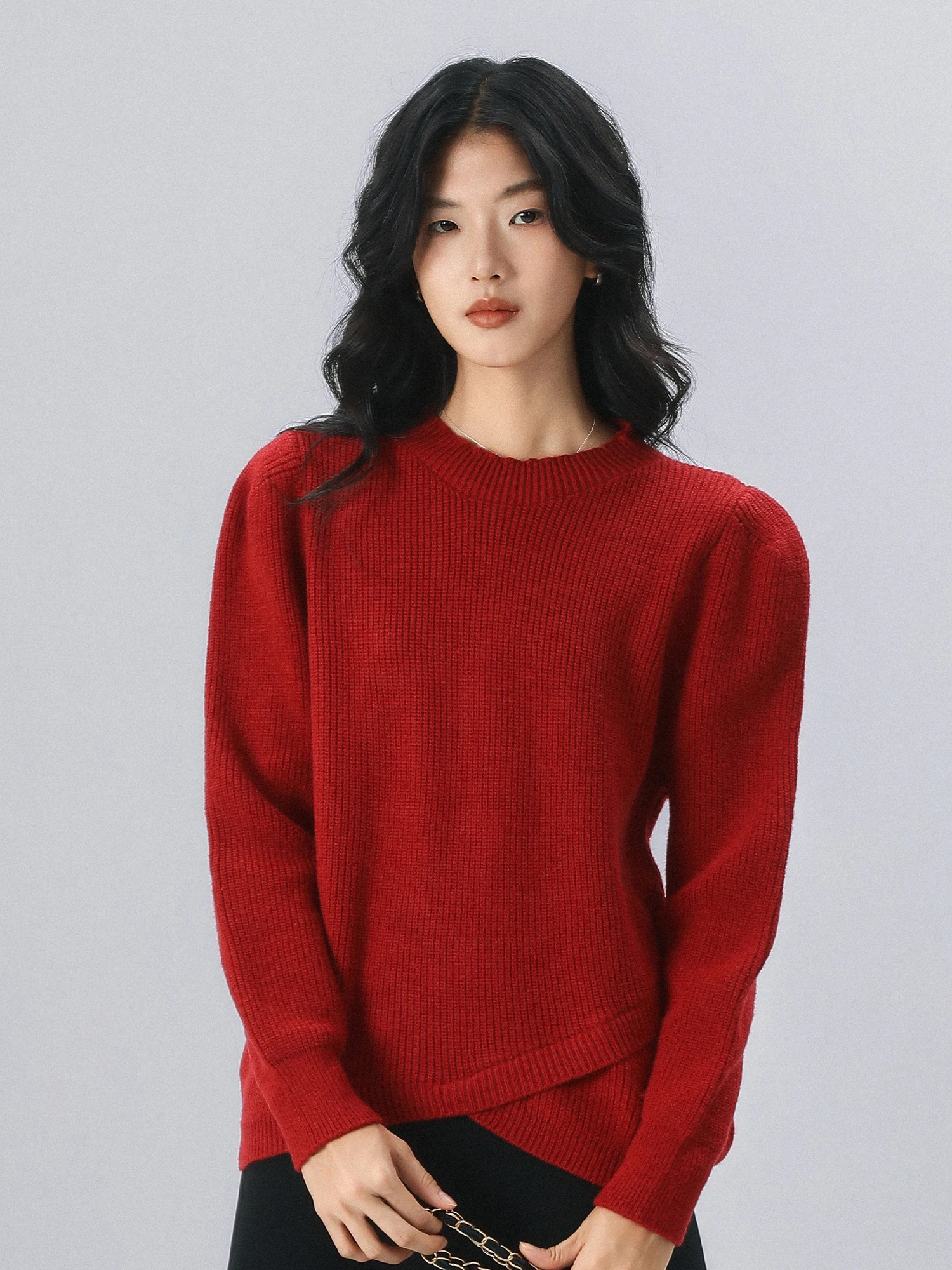 

Красный круглый вязаный свитер-пуловер женский, новинка 2024 года, с разрезом, свободный крой, длинный рукав, цветной трикотаж