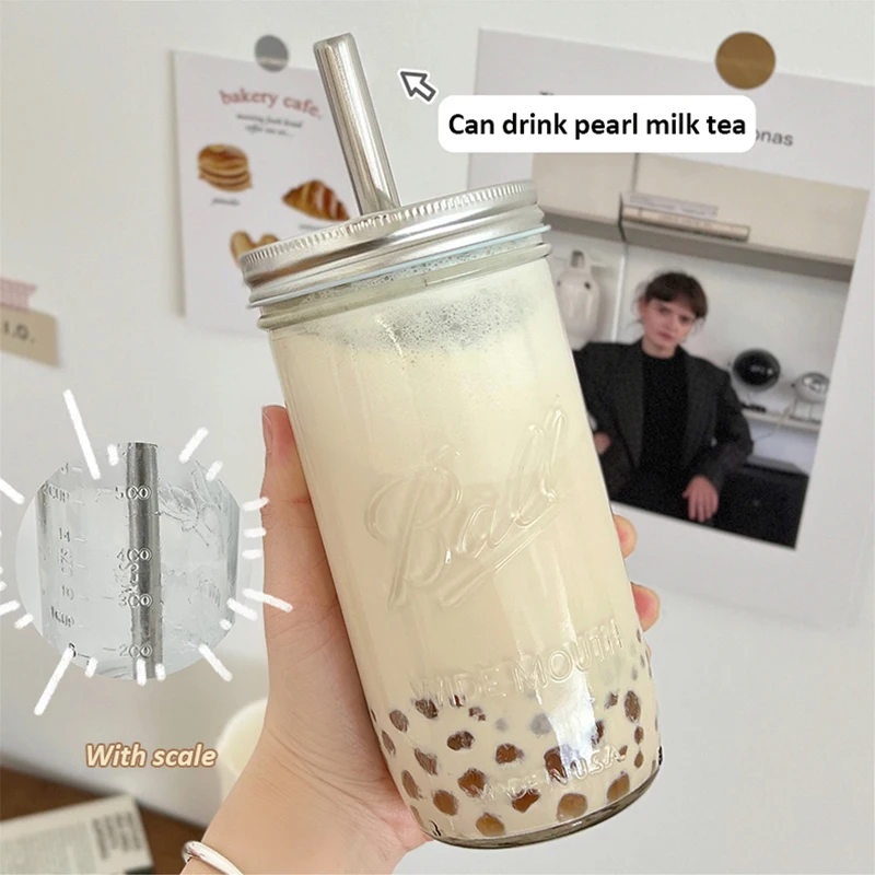 Ins Boba Milk Tea Glass Water Cup With Straw Lid Large Capacity Clear Heat Resistance Glass Coffee Bubble Juice Cold Drink Cups