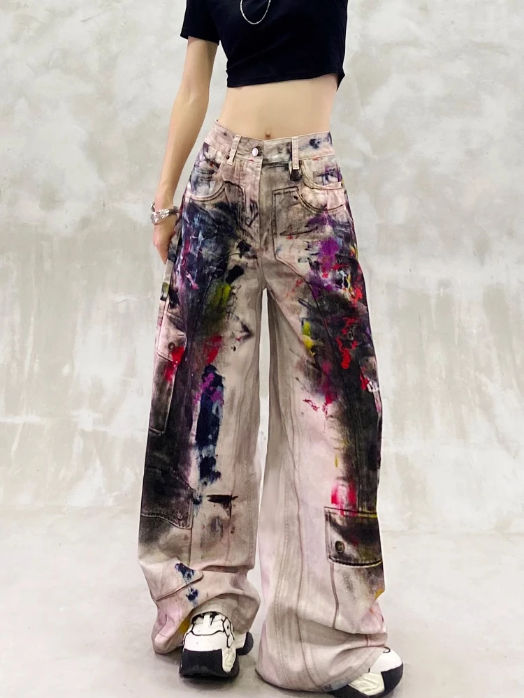 

Y2K Women's 2000s Distressed Painted Graffiti Straight Trousers 2025 New High Waist Trend Denim Pants Retro Casual Cotton Jeans