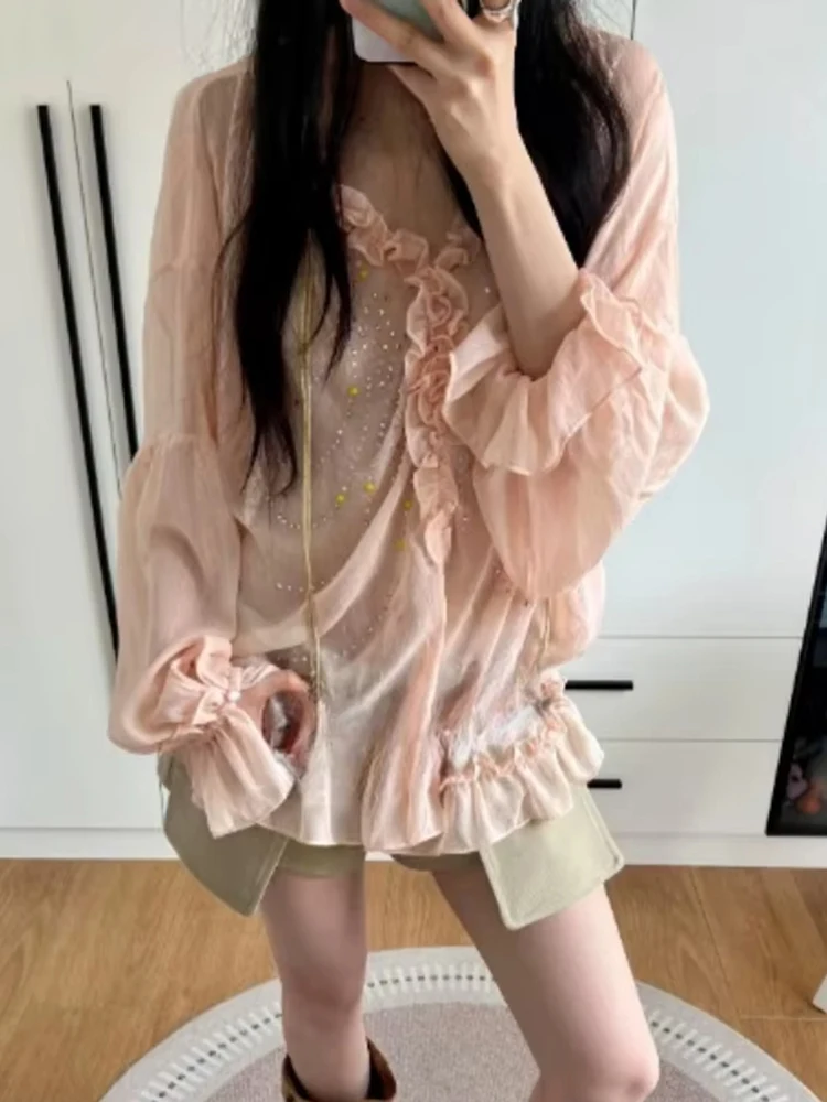 

Summer Sun Protection Rhinestone Blouses Women V Neck Ruffled Loose Shirts Flare Sleeve Vintage Sweet Blouse Camisas De Mujer