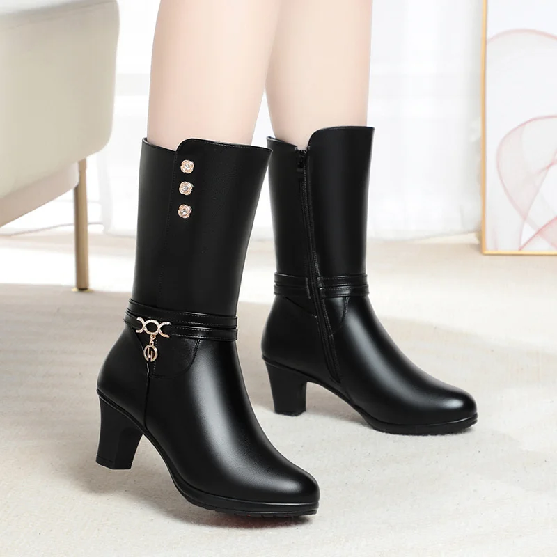 Winter Woman High-heeled Soft Leather Motorcycle Boots Thick Wool Soft Sole Plus Velvet Warm Riding Mid-calf Boot