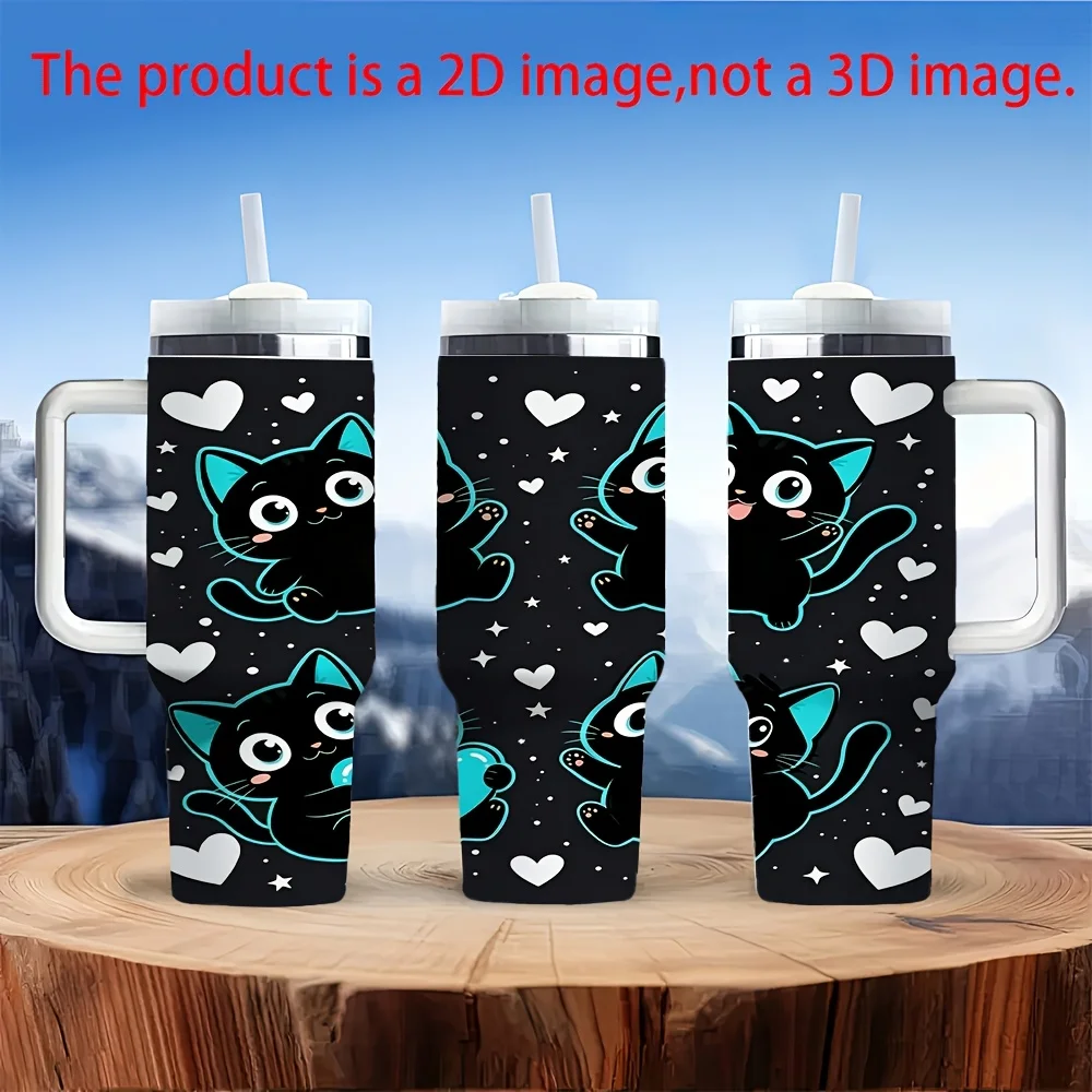 Halloween And Christmas 40Oz Cute Cartoon Black Cat White Heart Print Stainless Steel Tumbler with Handle And Straw Lid, Insulated Water Bottle for Home Office Travel Outdoor Car Daily Use