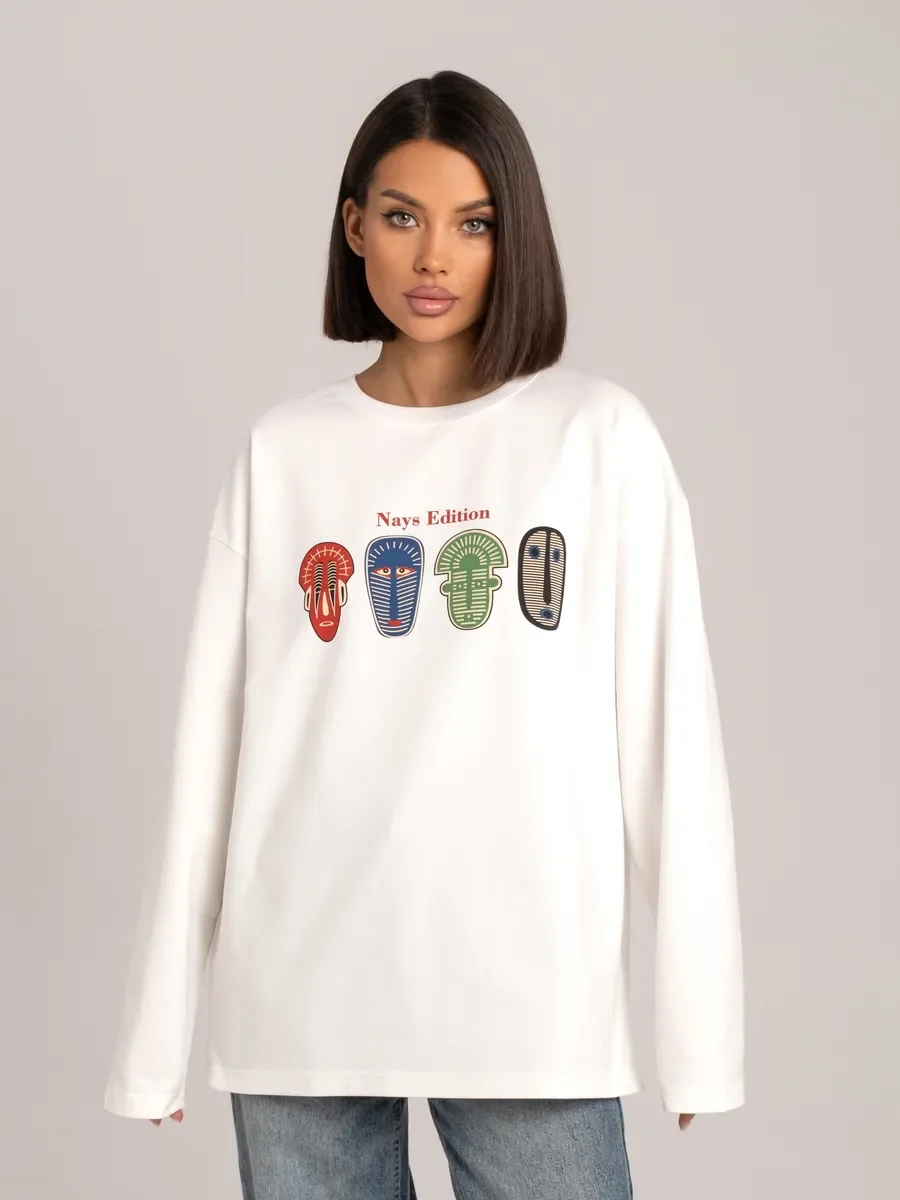Women's 100% Cotton Long Sleeve Spring Autumn Fashion T Shirt  Abstract Tribal Mask Front Print Loose Fit Casual Daily Wear Top