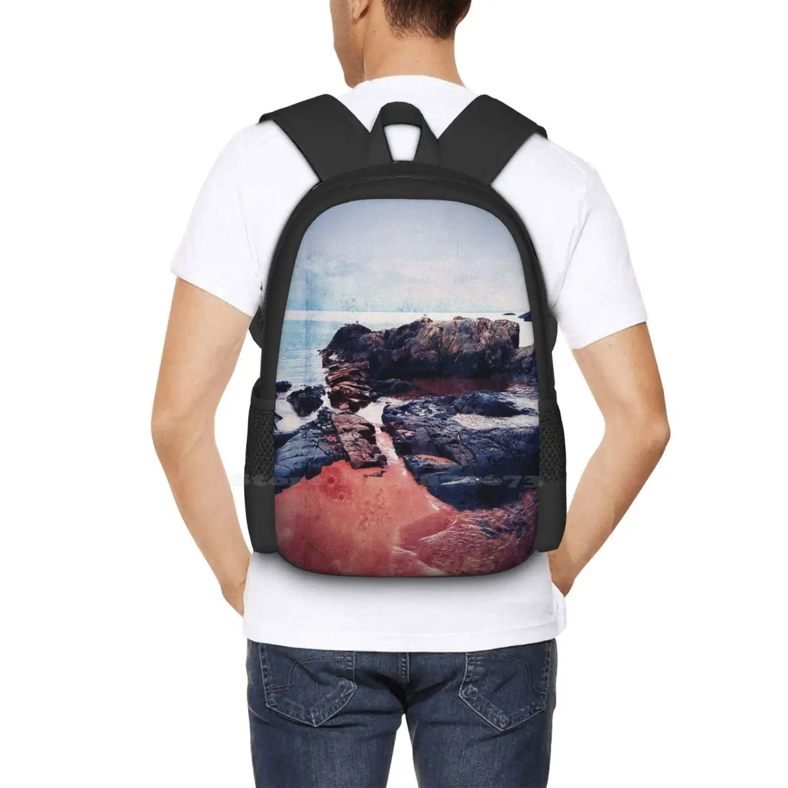 Mochila escolar con diseño de patrón de moda de castillos en la arena, bolsa para portátil de viaje, castillos en las islas de arena, lago costero Superior