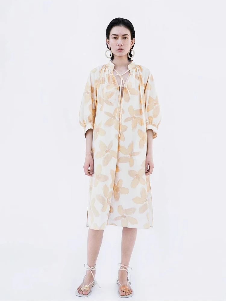 

E niche floral dress for women's summer new style stand up collar lace up holiday style floral dress tea break skirt Q6309