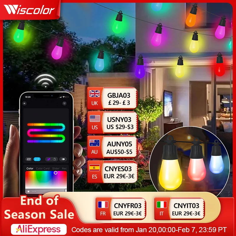 Wiscolor Smart Outdoor String Lights Music Sync WiFi Patio Lights for Christmas Halloween Decorations Work with Alexa&Google